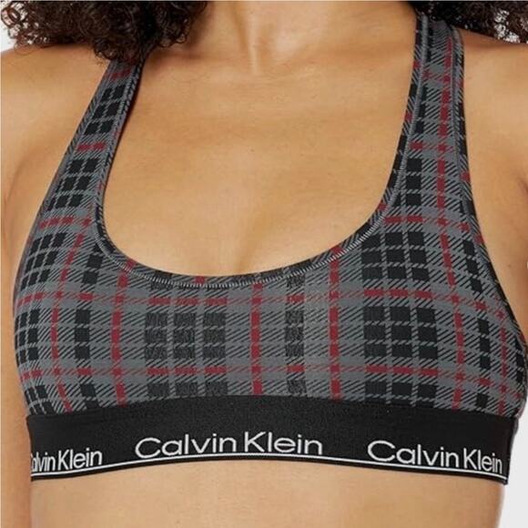 Calvin Klein Bralette Womens XS Black Red Tartan Plaid Unlined Modern Cotton - Picture 1 of 6
